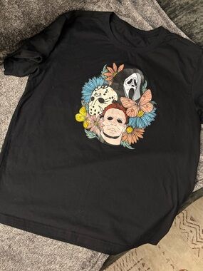 Black Graphic Horror Masks Crewneck Tee
